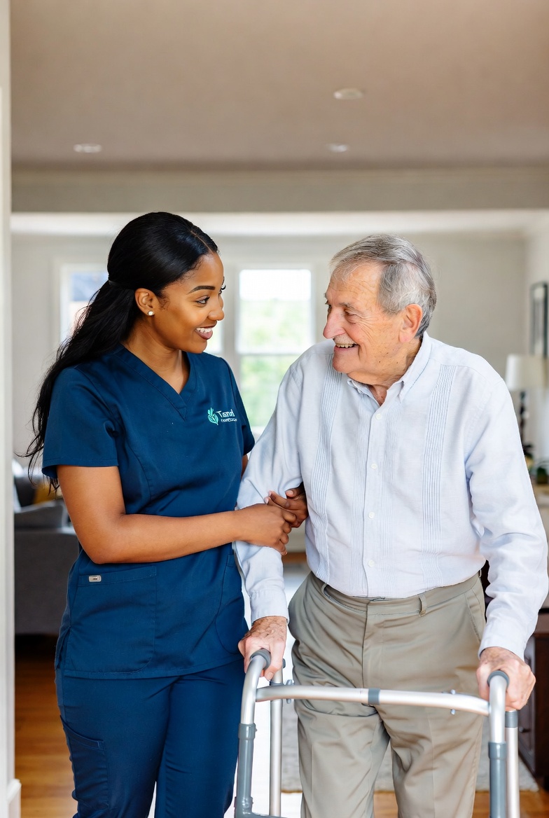Tanel caregiver in branded scrubs assisting an elderly gentleman with a walker at home
